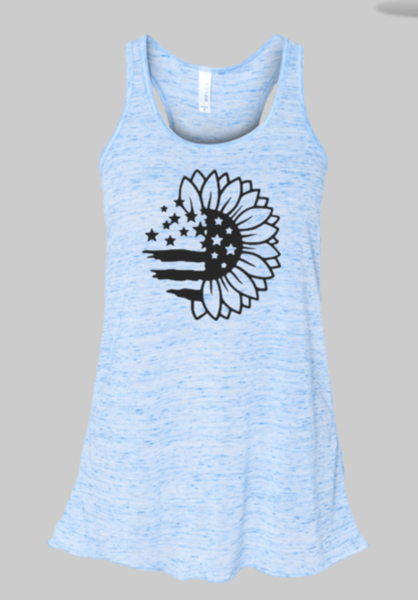 Blue women's tank top adorned with a sunflower motif resembling the American flag