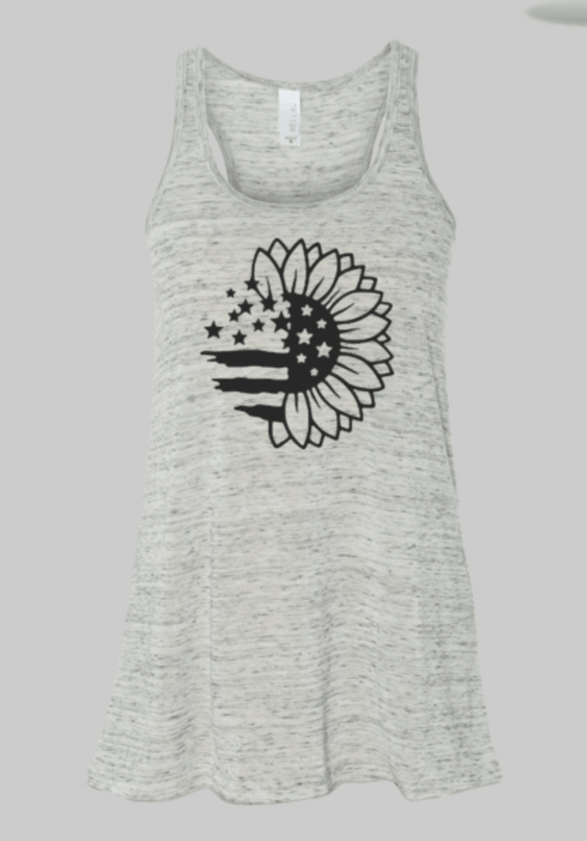 Gray women's tank top adorned with a sunflower motif resembling the American flag