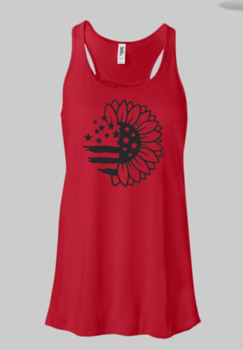 Red women's tank top adorned with a sunflower motif resembling the American flag